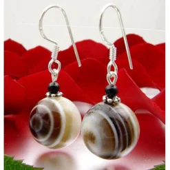 Ohrringe Ohrhänger aus Augenachat & Onyx & 925 Silber, Ø14mm