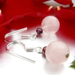 Ohrringe, Ohrhänger aus echten Rosenquarz & Granat & 925 Silber rose dunkelrot