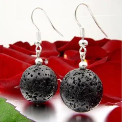 Ohrringe Ohrhänger aus echter Lava Kugel Ø14mm & 925 Silber, schwarz, mit Poren