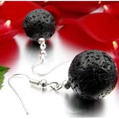 Ohrringe Ohrhänger aus echter Lava Kugel Ø14mm & 925 Silber, schwarz, mit Poren