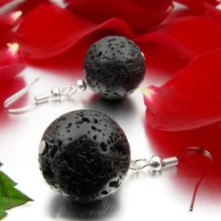 Ohrringe Ohrhänger aus echter Lava Kugel Ø14mm & 925 Silber, schwarz, mit Poren