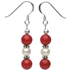 Ohrringe Ohrhänger aus Koralle & Süßwasserperlen, 925 Silber, rot-weiß
