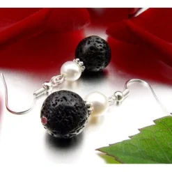 Ohrringe Ohrhänger aus Lava & Perlen, 925 Silber, schwarz-weiß