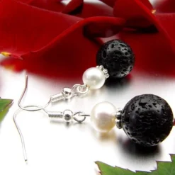 Ohrringe Ohrhänger aus Lava & Perlen, 925 Silber, schwarz-weiß