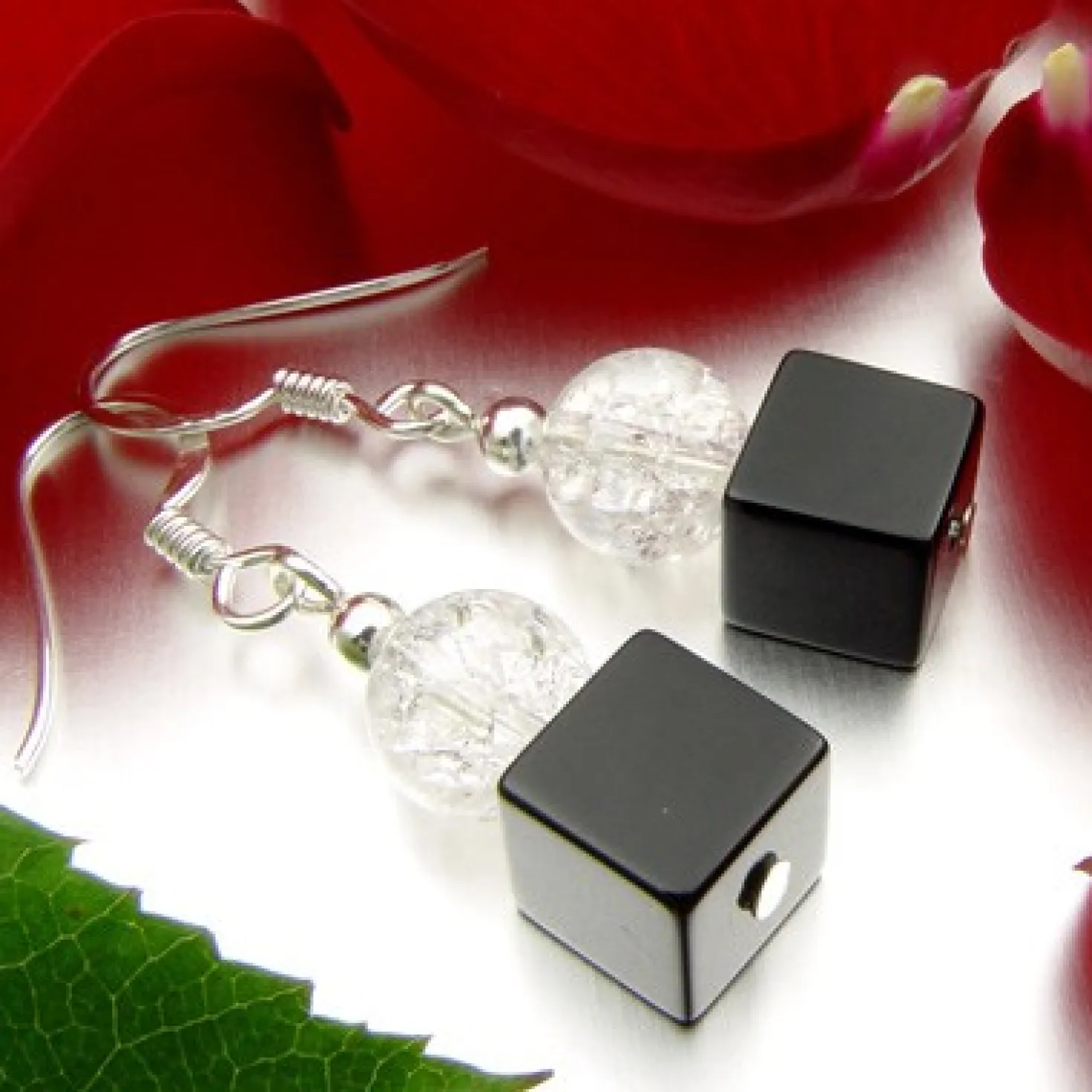 Ohrringe Ohrhänger aus Onyx & Bergkristall & 925 Silber, schwarz weiß
