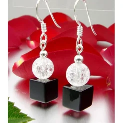 Ohrringe Ohrhänger aus Onyx & Bergkristall & 925 Silber, schwarz weiß