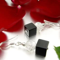 Ohrringe Ohrhänger aus Onyx & Bergkristall & 925 Silber, schwarz weiß