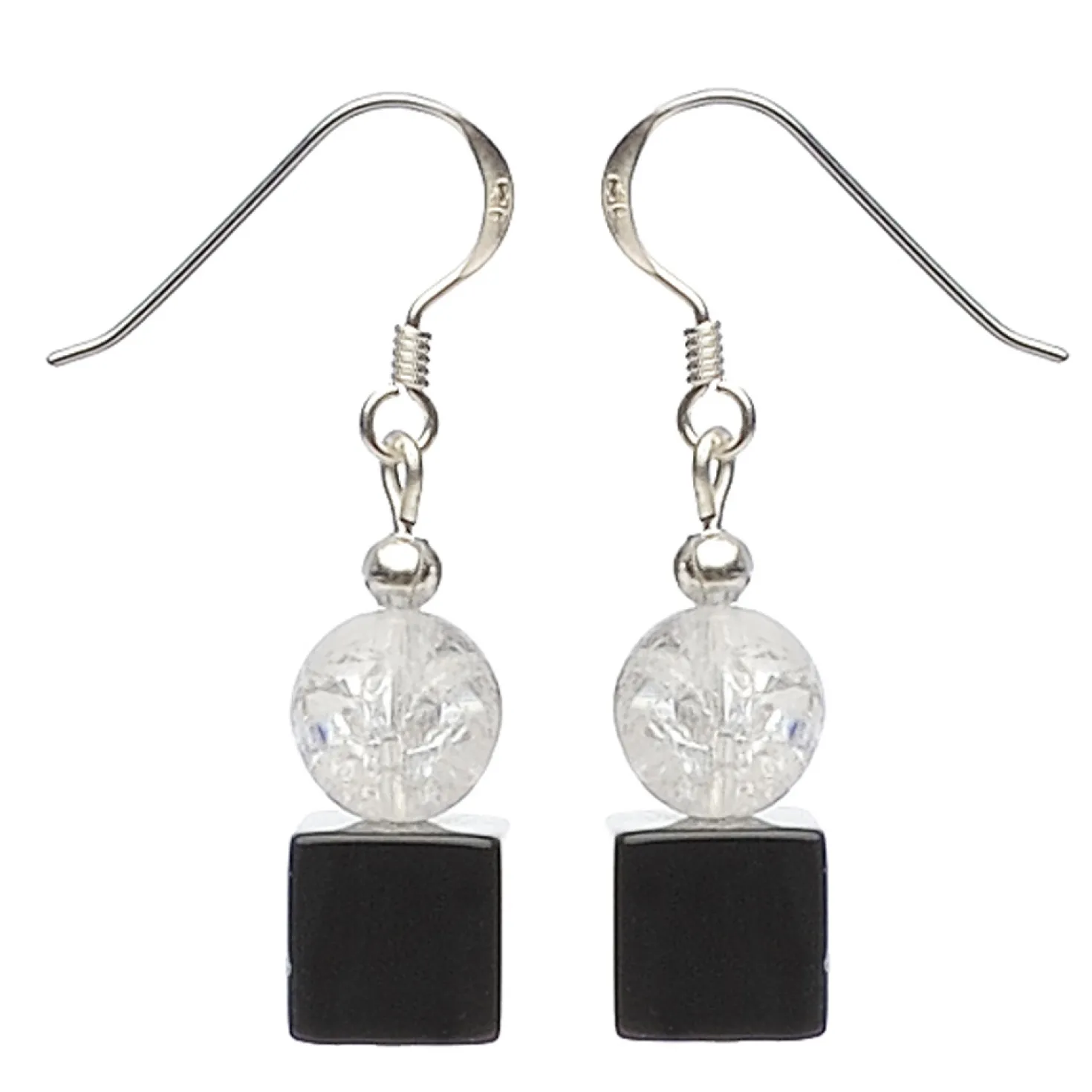 Ohrringe Ohrhänger aus Onyx & Bergkristall & 925 Silber, schwarz weiß