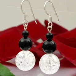 Ohrringe Ohrhänger aus Onyx & Bergkristall, 925 Silber, schwarz-weiß
