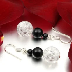 Ohrringe Ohrhänger aus Onyx & Bergkristall, 925 Silber, schwarz-weiß