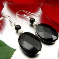 Ohrringe Ohrhänger aus Onyx oval schwarz facettiert & 925 Silber elegant Damen