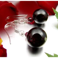 Ohrringe Ohrhänger echter Granat Kugel 12mm & 925 Silber dunkelrot weinrot glatt