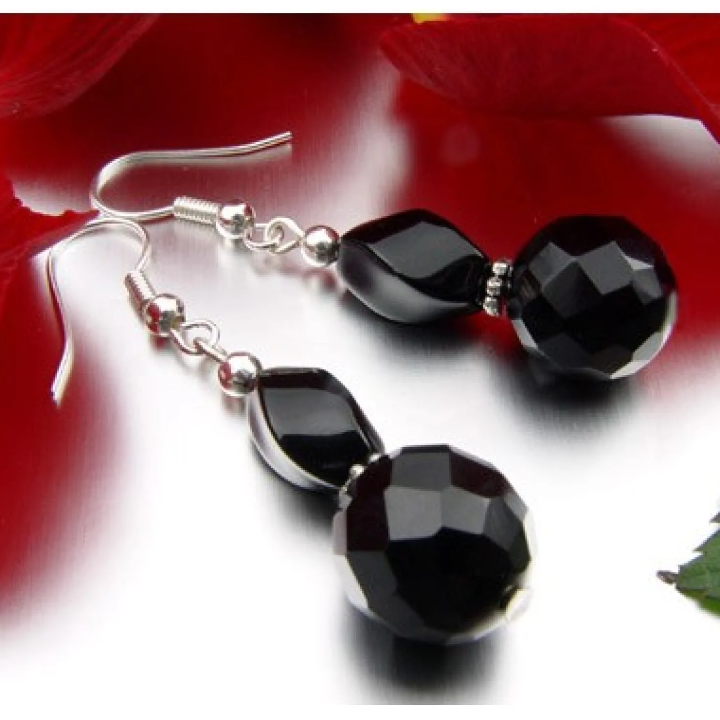 Ohrringe Ohrhänger, echter Onyx facettiert, 925 Silber, 4.7cm, schwarz