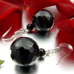 Ohrringe Ohrhänger, echter Onyx facettiert, 925 Silber, Ø14mm, schwarz