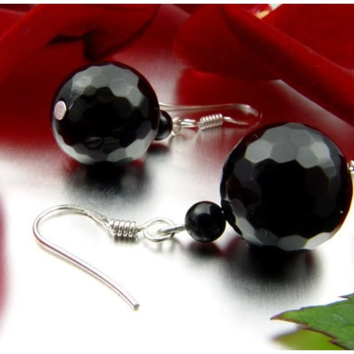 Ohrringe Ohrhänger, echter Onyx facettiert, 925 Silber, Ø14mm, schwarz