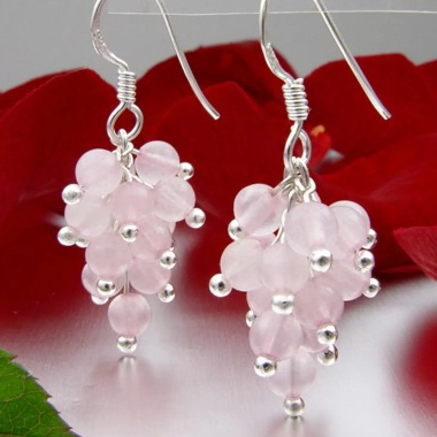 Ohrringe Ohrhänger in Traubenform aus Rosenquarz, 925 Silber, rosé