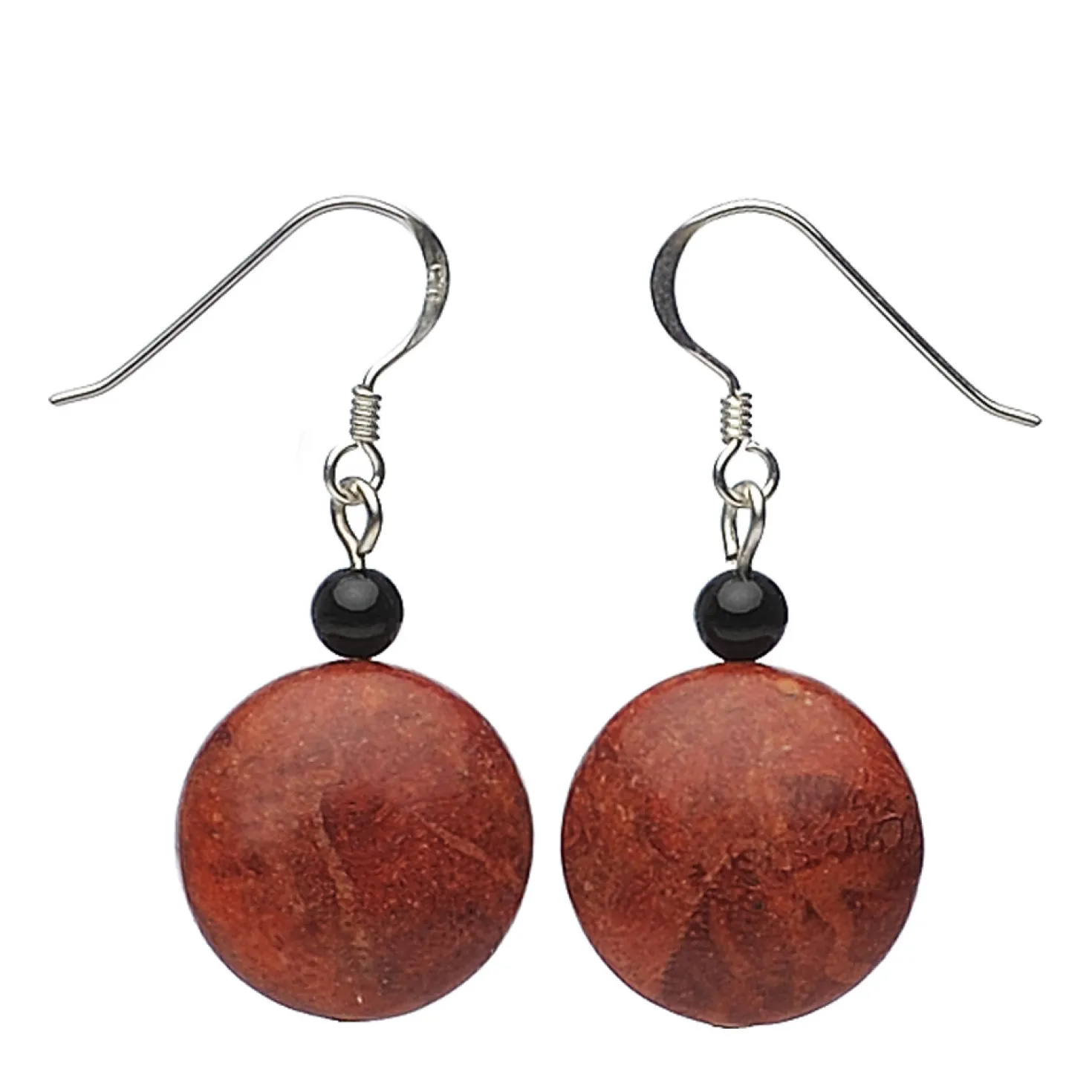 Ohrringe Ohrhänger Koralle Kreis 18mm & Onyx 925 Silber flach rot-braun schwarz