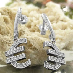 Ohrringe Ohrhänger 28mm Euro Zeichen Eurozeichen mit Zirkonia 925 Silber Damen