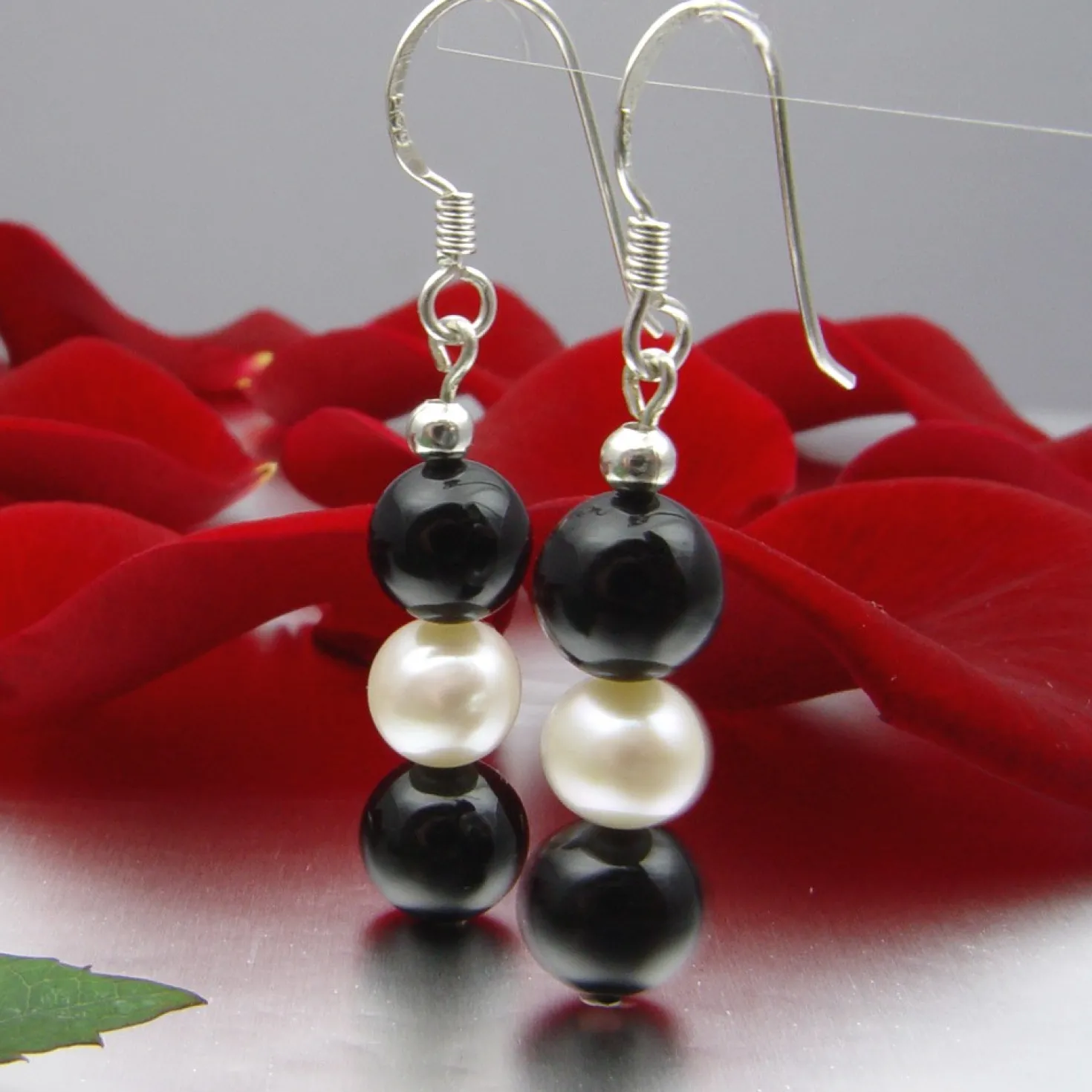 Ohrringe Ohrhänger Onyx & Süßwasser Perlen & 925 Silber, schwarz-weiß