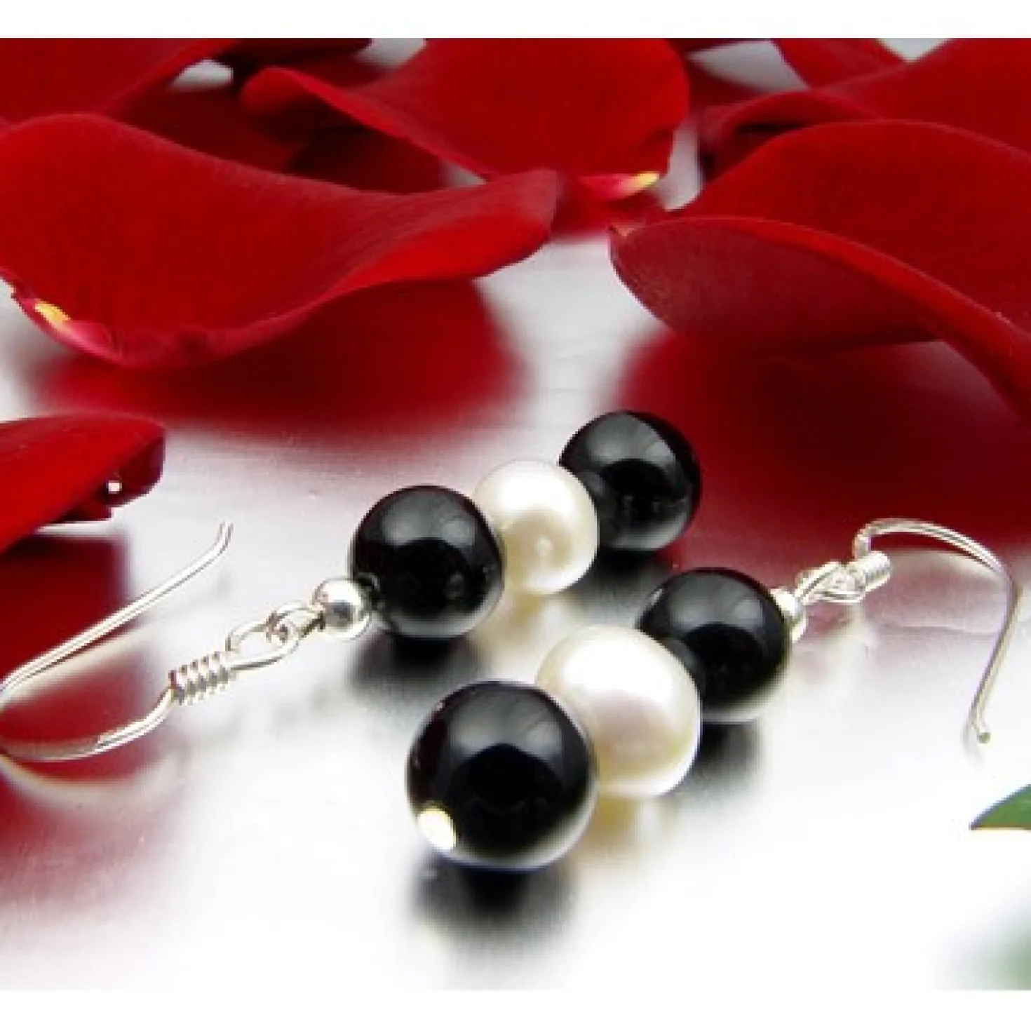 Ohrringe Ohrhänger Onyx & Süßwasser Perlen & 925 Silber, schwarz-weiß