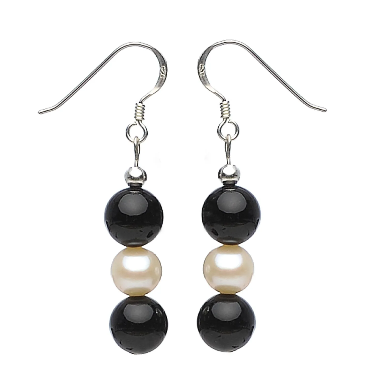 Ohrringe Ohrhänger Onyx & Süßwasser Perlen & 925 Silber, schwarz-weiß
