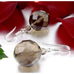 Ohrringe Ohrhänger Rauchquarz Kugel zart-braun facettiert 925 Silber Ohrschmuck