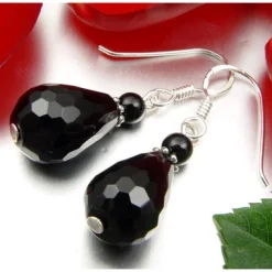 Ohrringe Ohrhänger Tropfen Onyx facettiert, 925 Silber, schwarz Ohrschmuck
