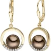 Ohrringe Ohrhänger 13,7x28,2mm Kreise mit Perlen braun & Zirkonia 333 Gelbgold