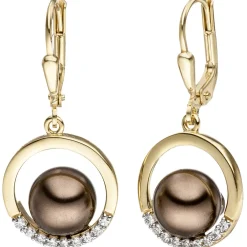 Ohrringe Ohrhänger 13,7x28,2mm Kreise mit Perlen braun & Zirkonia 333 Gelbgold