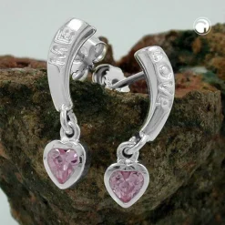 Ohrringe Ohrstecker Ohrhänger 20x5mm Herzen mit Zirkonia pink 925 Silber Damen