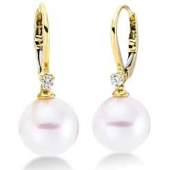 Ohrschmuck 750 Gelbgold 2 Süßwasser-Perlen 9,5mm weiß 2 Brillanten 0,09ct W-SI