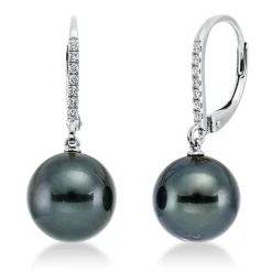 Ohrschmuck Ohrringe aus 750 Weißgold 2 Tahiti-Perlen 10mm dunkel mit Brillanten