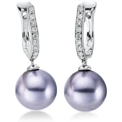 Ohrschmuck 750 Weißgold 2 Tahiti-Perlen 9,5mm silbergrau 18 Brillanten 0,18ct W-SI