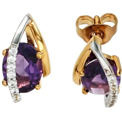Ohrstecker Amethyst lila & 14 Diamanten 0.1Ct W/P1 Brillanten 585 Gold gelb/weiß