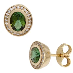 Ohrstecker aus 585 Gold Gelbgold grüne Turmaline & 48 Diamanten 0.16Ct