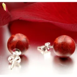 Ohrstecker aus Koralle Schaumkoralle Ø8mm 925 Silber Ohrschmuck Kugel rot-braun