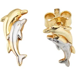 Ohrstecker Delfine aus 333 Gold Gelbgold, rhodiniert bicolor für Damen