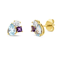Ohrstecker 750 Gelbgold 4 Amethyste 1,02ct lila 2 Brillanten 0,25ct TW-SI 8,1x7,3mm
