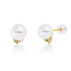 Ohrstecker 750 Gelbgold 2 Süßwasser-Perlen 7,5mm weiß 6 Brillanten 0,05ct W-SI