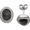 Ohrstecker Mondstein-Imitation schwarz mit Wölbung oval 44 Zirkonia 925 Silber