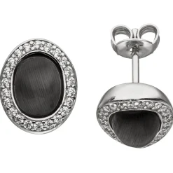Ohrstecker Mondstein-Imitation schwarz mit Wölbung oval 44 Zirkonia 925 Silber