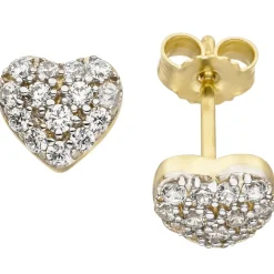 Ohrstecker Ohrringe Herz Herzchen mit weißen Zirkonia, 375 Gold Gelbgold bicolor