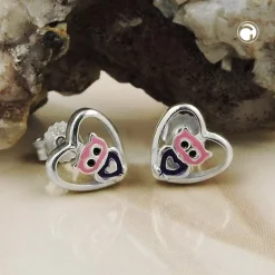 Ohrstecker Ohrringe, kleine Eule im Herz, lila lackiert, 925 Silber
