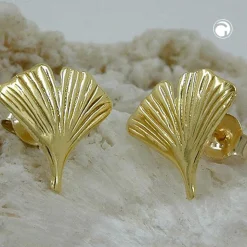 Ohrstecker Ohrringe Ohrschmuck, Ginkgoblatt glänzend, 375 Gold Gelbgold