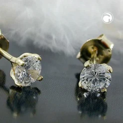 Ohrstecker Ohrschmuck, 4mm weiße Zirkonia, Solitär, 375 Gold Gelbgold