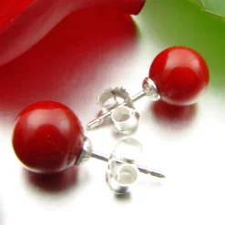 Ohrstecker Stecker aus Koralle Kugel Ø 8mm & 925 Silber Ohrschmuck rot