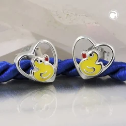 Ohrstecker Stecker, kleine Ente im Herz, gelb lackiert, 925 Silber