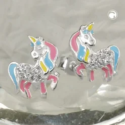Ohrstecker 10x8mm Kinderohrringe Einhorn, farbige Einlagen Zirkonia 925 Silber