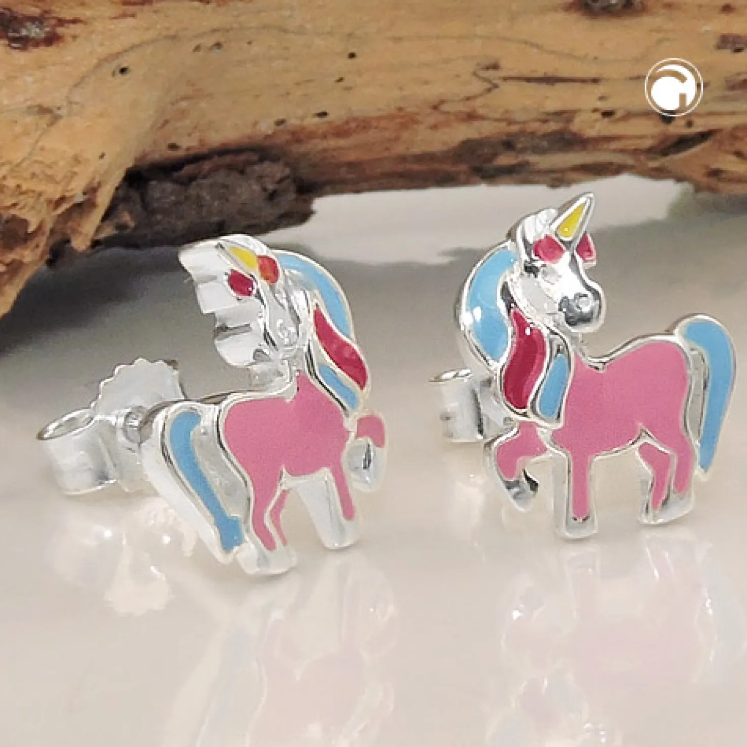 Ohrstecker 10x8mm Ohrringe für Kinder Einhorn, farbige Lackeinlagen 925 Silber