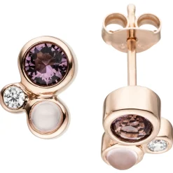 Ohrstecker, Zirkonia lila weiß & Glassteine rosa, 925 Silber Rotgold vergoldet